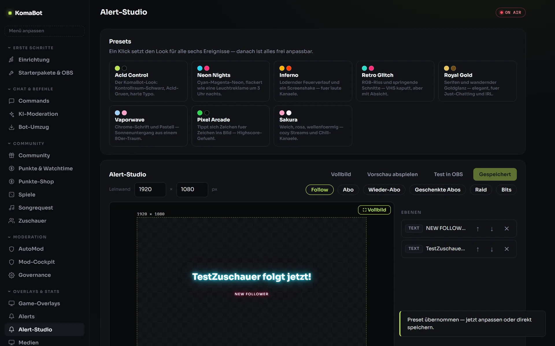 KomaBot Alert-Studio: Editor mit Ebenen, Presets und einer Neon-Follow-Meldung auf der Bühne