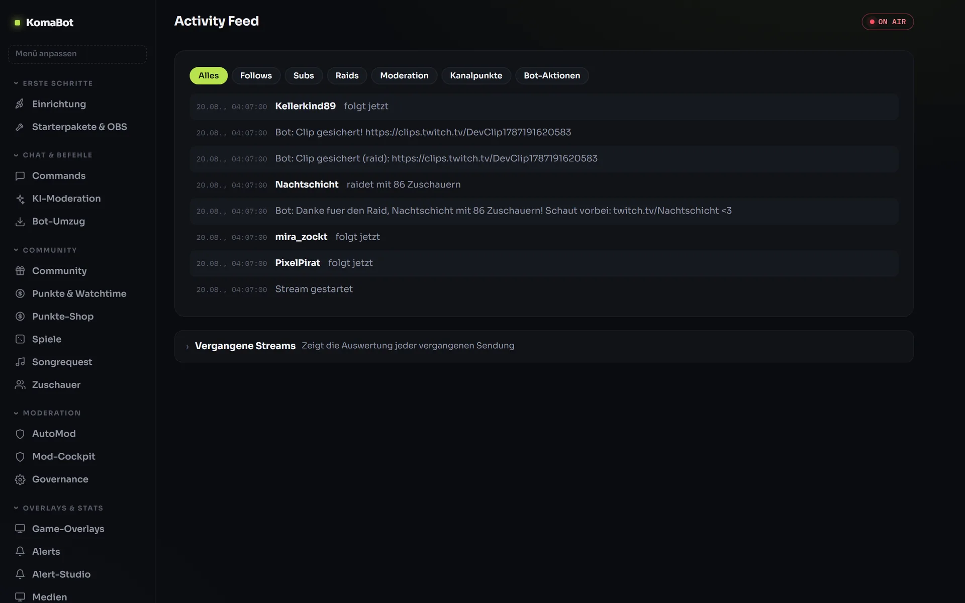 KomaBot-Dashboard: Aktivitäts-Feed mit Raid, Follows und Bot-Aktionen samt Filterleiste