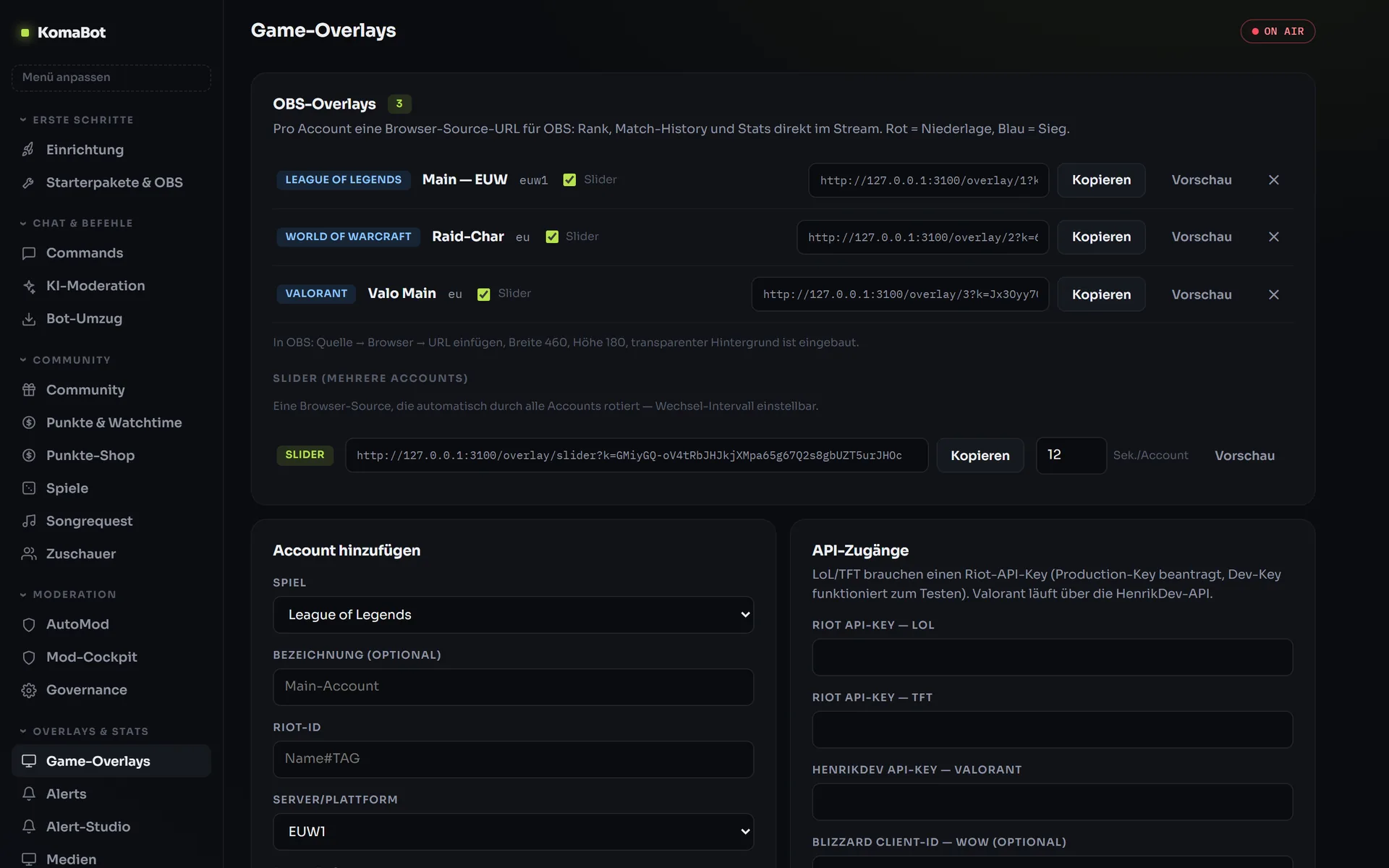 KomaBot-Dashboard: OBS-Overlay-URLs für League of Legends, World of Warcraft und Valorant